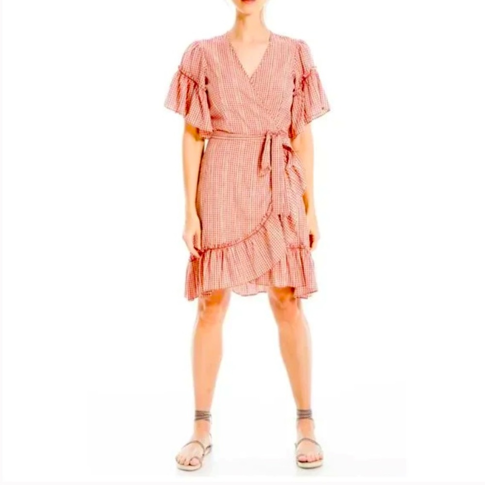 NWT Max Studio Gingham Ruffled Wrap Mini Dress
